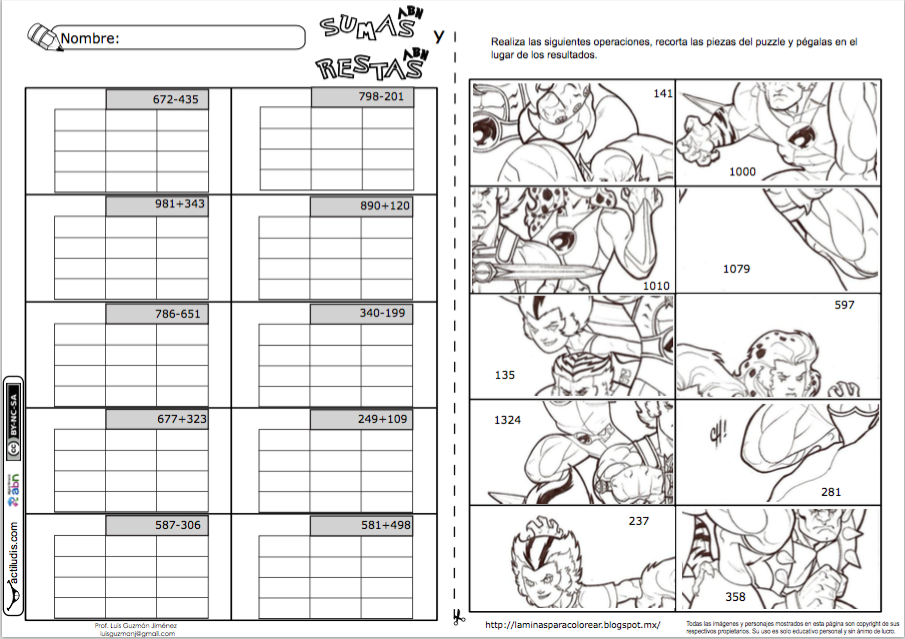 Puzzle de 10 piezas Horizontal sumas y restas