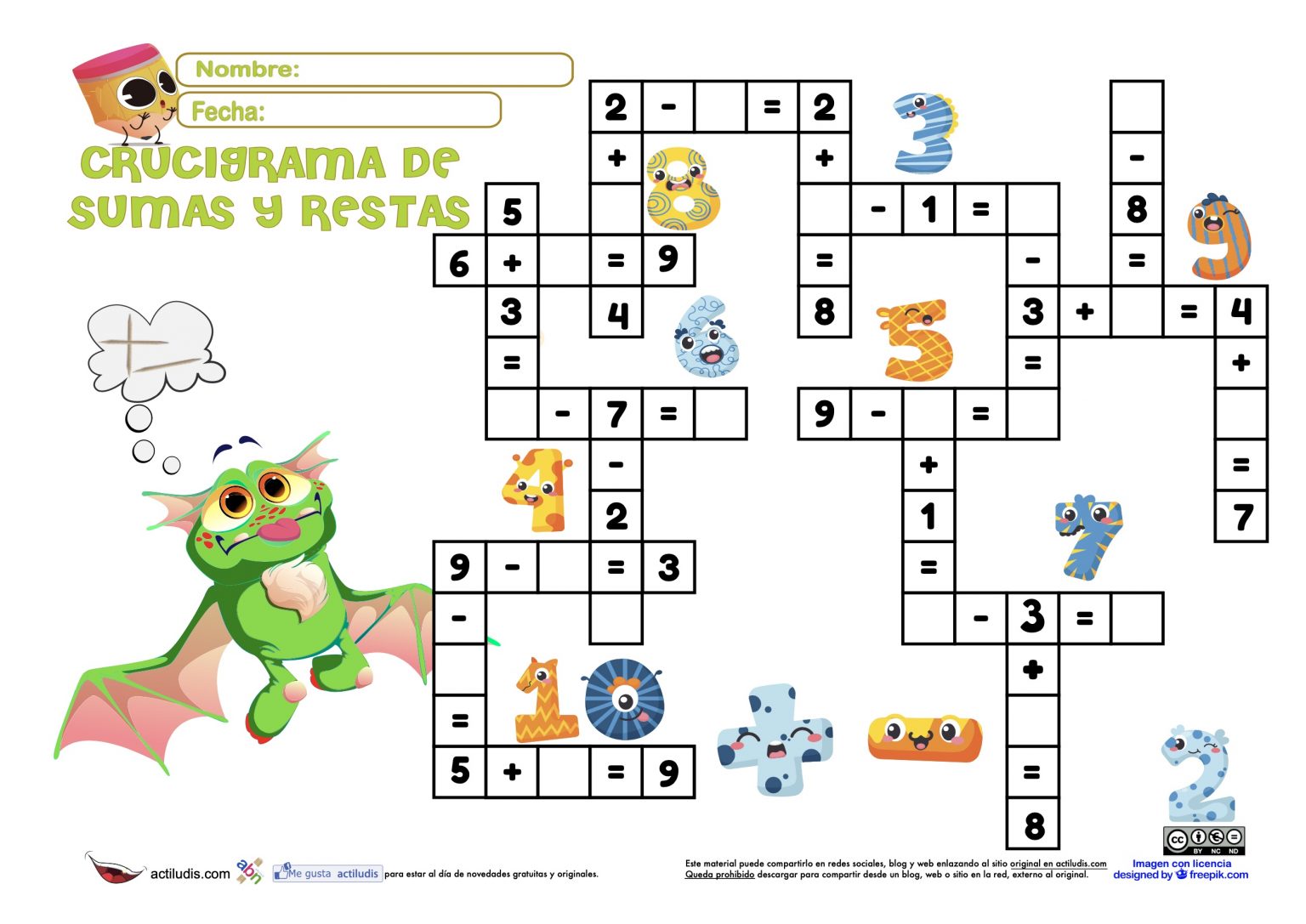 Sumas y restas de dos sumandos de una cifra. - Actiludis