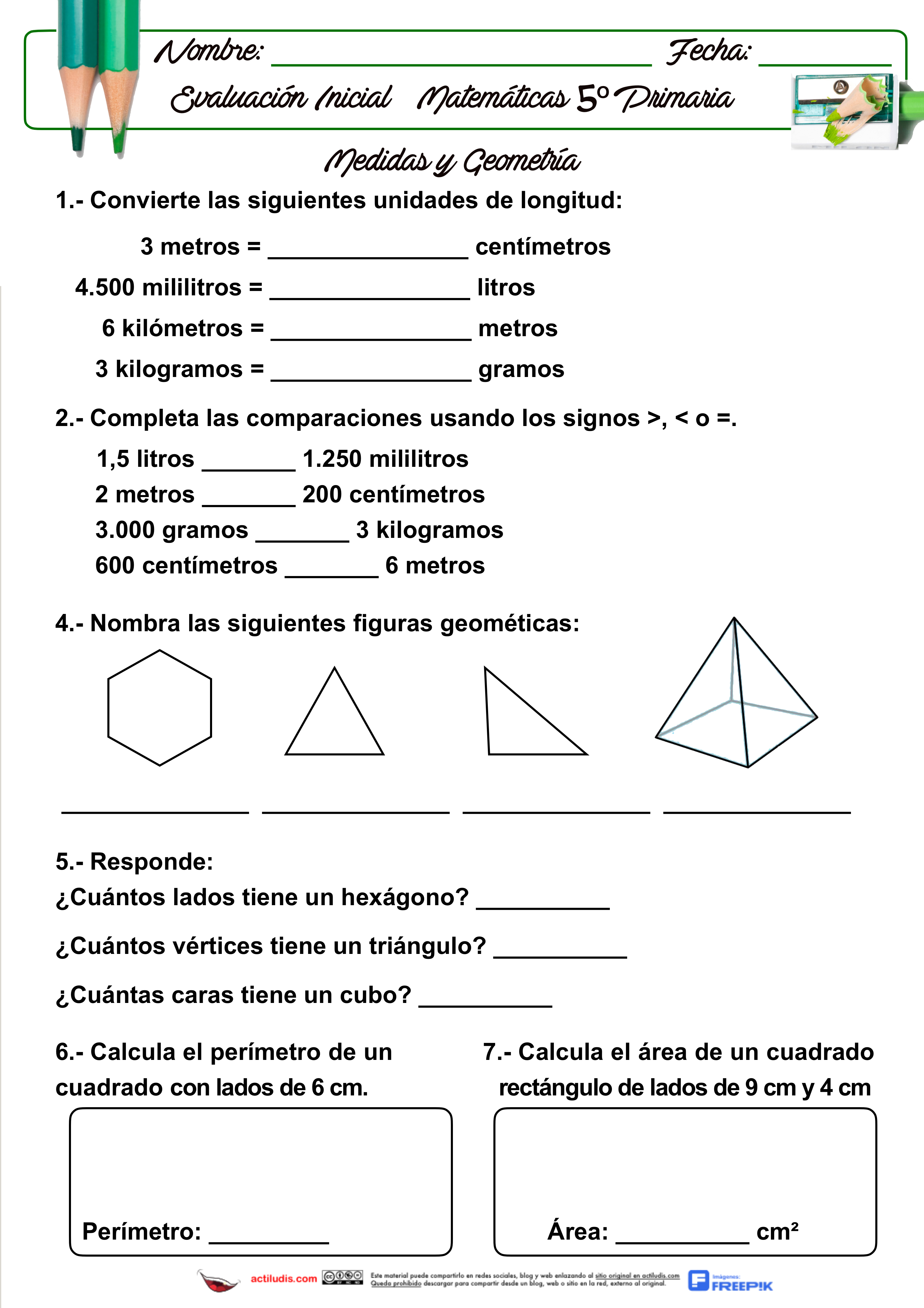 Evaluación Inicial de matemáticas en 5º de Primaria - Actiludis